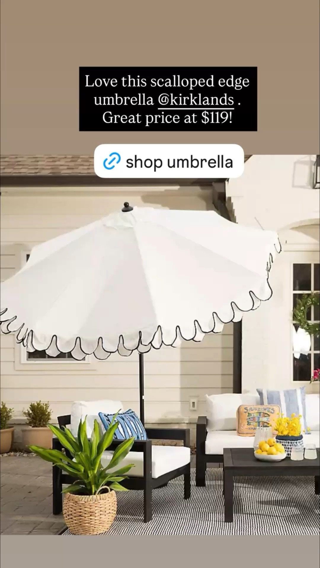 Love this scalloped edge umbrella @kirklands .  Great price at $119!

Outdoor umbrella.  Scalloped edge umbrella.  Patio furniture.  Deck furniture  

#LTKSaleAlert #LTKHome #LTKSeasonal
