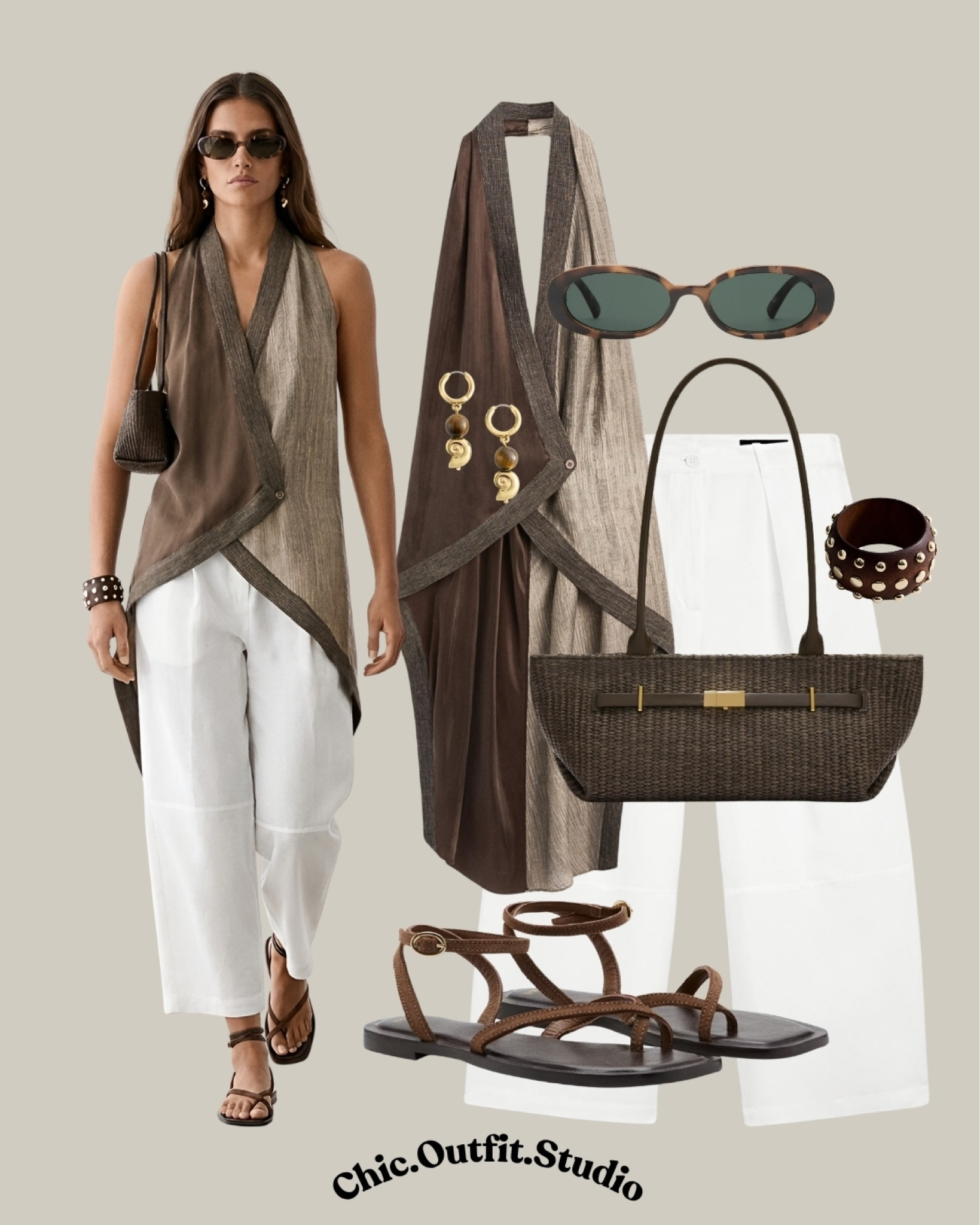 Draped Taupe Top & White Linen Trousers

✨A draped taupe sleeveless top paired with relaxed white linen trousers creates a sophisticated neutral summer outfit perfect for elegant everyday dressing. Styled with strappy flat sandals and rich brown accessories, this look feels refined yet relaxed for summer dinners, art galleries, city strolls, rooftop drinks, or travel days. Soft earthy tones and fluid fabrics make this outfit feel luxurious without trying too hard.
✨Tags: taupe summer outfit women, white linen trousers outfit, neutral chic summer style, elegant casual outfit women, European minimalist fashion, effortless luxury outfit, relaxed sophisticated style, linen summer outfit, elevated neutral dressing, summer city outfit

#LTKsummer #LTKshoes #LTKbag