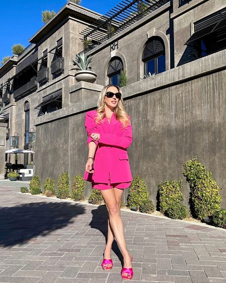 Matching pink blazer and shorts set & matching pink satin heel mules. Totally nails the hot pink trend 💖 Dior chunky gold bracelet is a great Christmas gift for her.

#LTKSeasonal #LTKstyletip #LTKHoliday