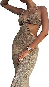 NUFIWI Womens Sexy Knitted Cut Out Spaghetti Strap Long Dresses Halter Neck Backless Maxi Dress C... | Amazon (US)