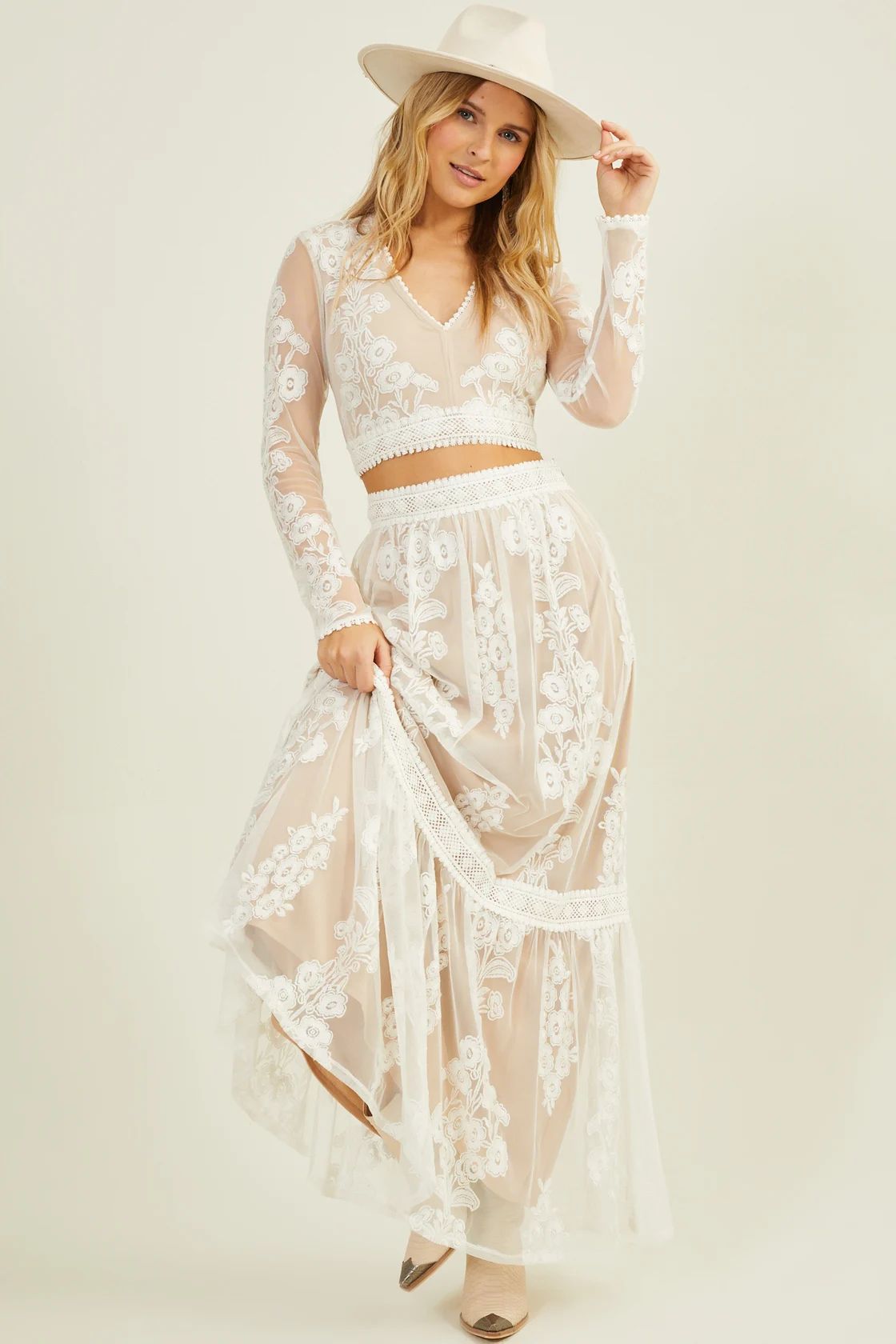 Arissa Embroidered Maxi Skirt in White | Altar'd State | Altar'd State
