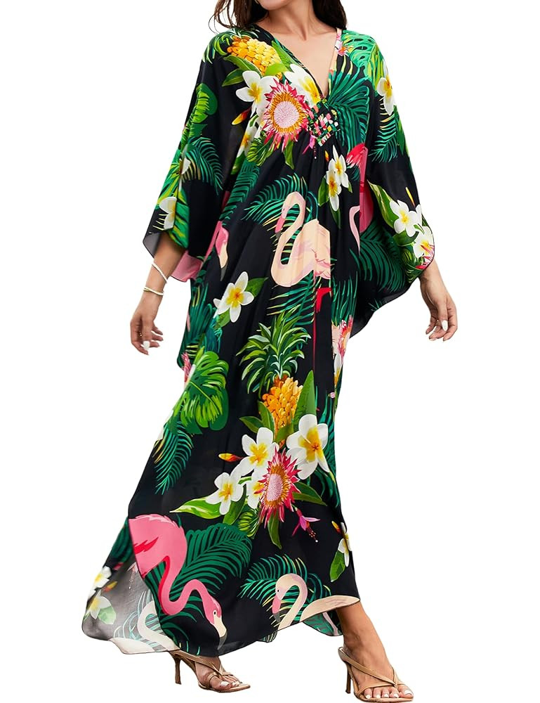 MAKABO Kaftan Dresses for Women, V Neck Moo Moos Colorful Print Cover Ups Caftan Beach Dresses fo... | Amazon (US)