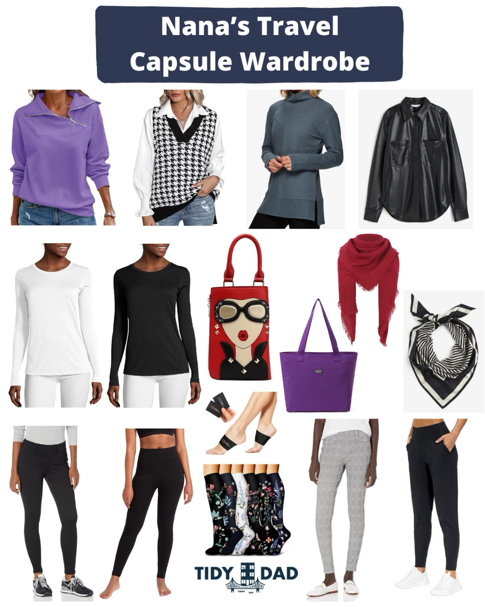 Nana’s travel capsule wardrobe with 4 core colors: dark neutral (black), light neutral (white), and coordinating colors (red and purple). Nana loves to accessorize with purses and scarves. She also travels with compression socks and arch support, especially on trips where there will be lots of walking!

#LTKtravel #LTKstyletip #LTKbeauty