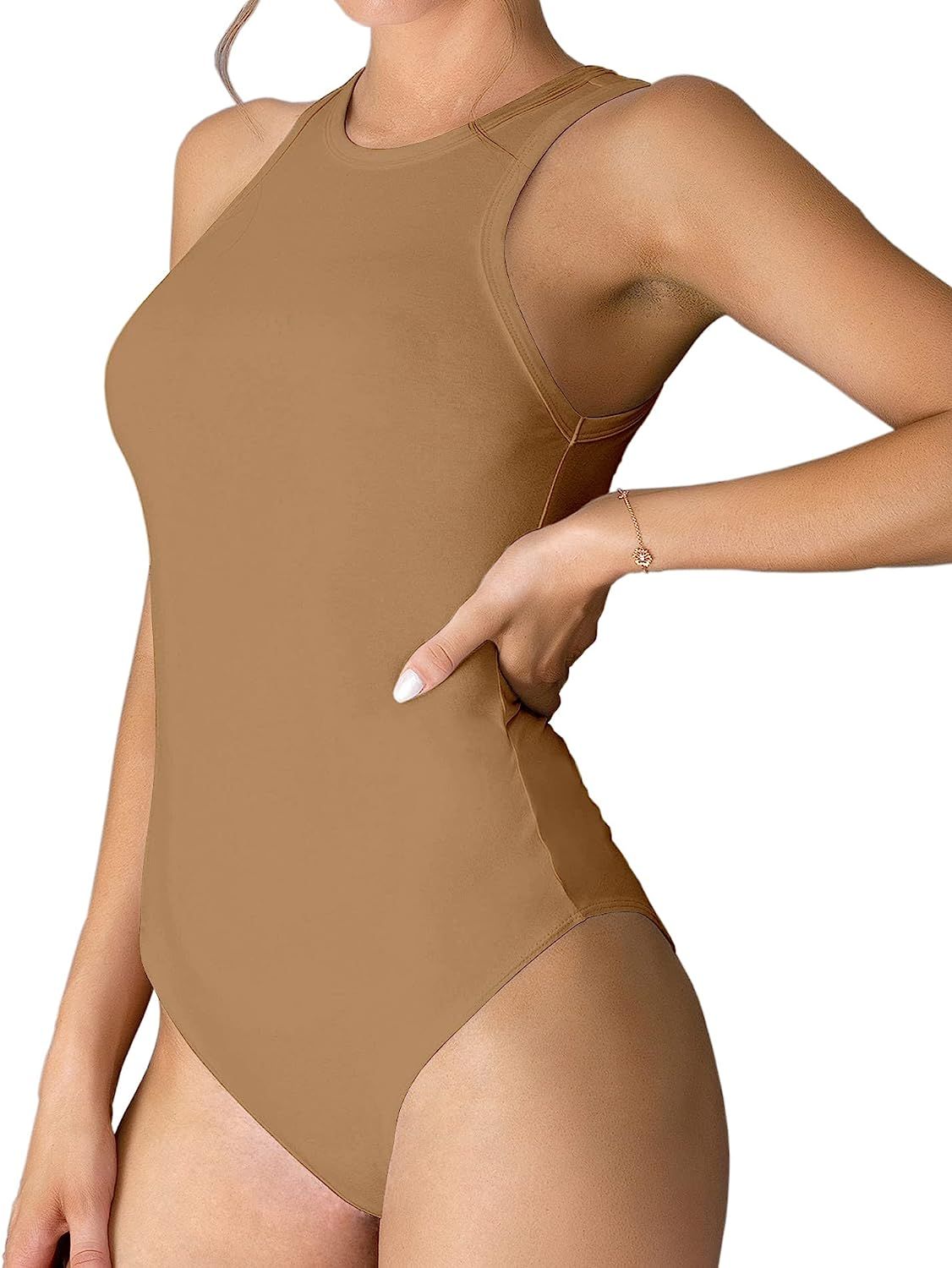 MANGDIUP Womens Crewneck Sleeveless Long Sleeve Bodysuit Basic Stretch Cotton Jumpsuit Tops | Amazon (US)