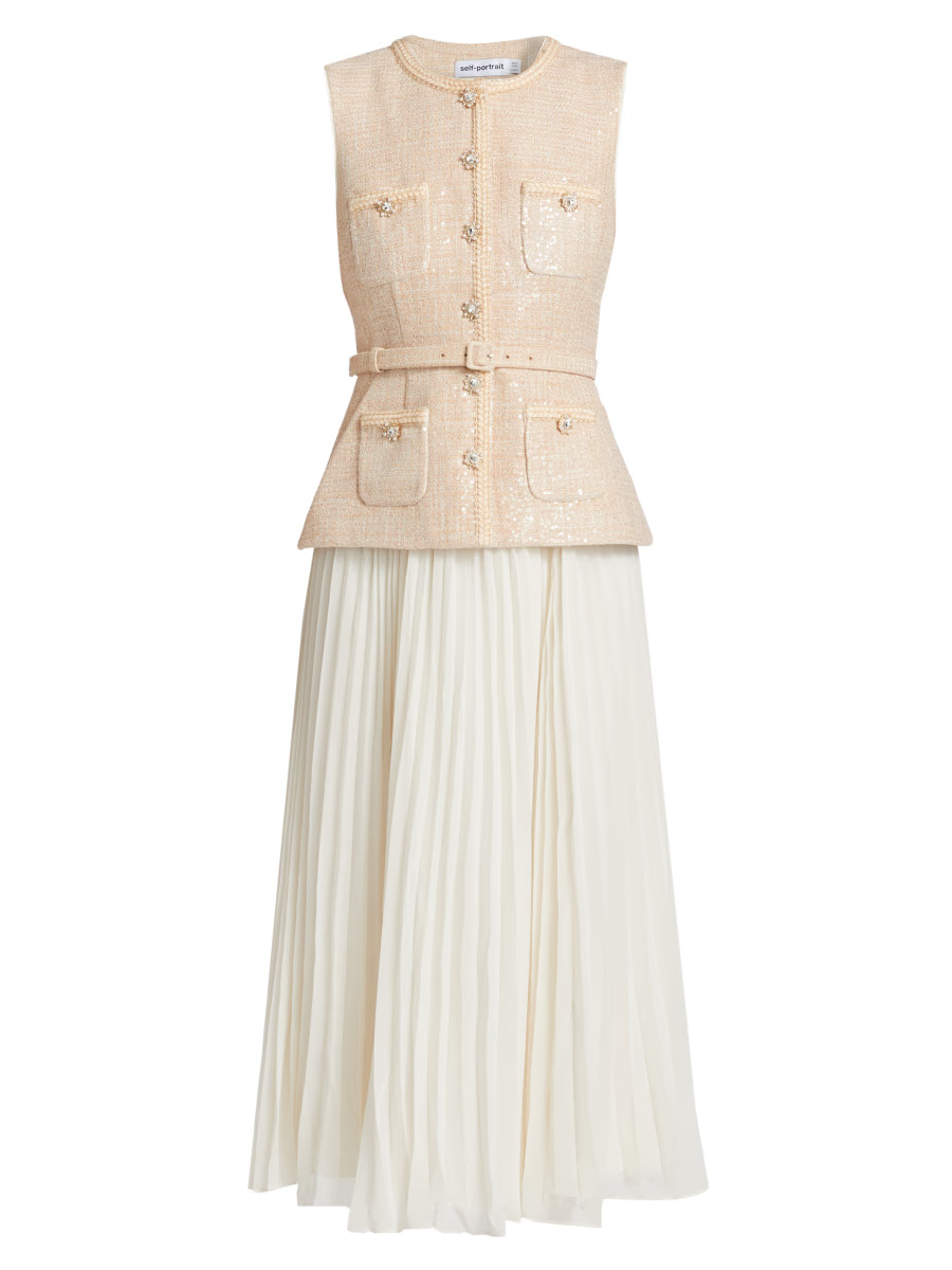 Sequined Bouclé & Pleated Chiffon Midi-Dress | Saks Fifth Avenue