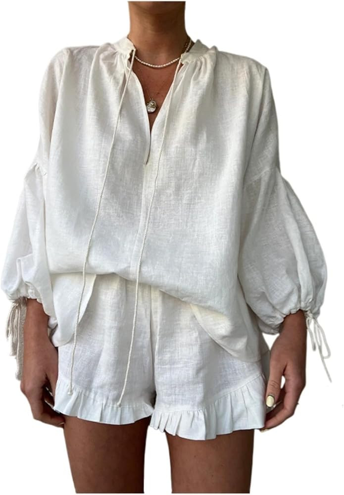 Lace Up Shirt Blouse Shorts Sets Women White V-neck Long Sleeve Elastic Waist Shorts Suit Summer ... | Amazon (US)