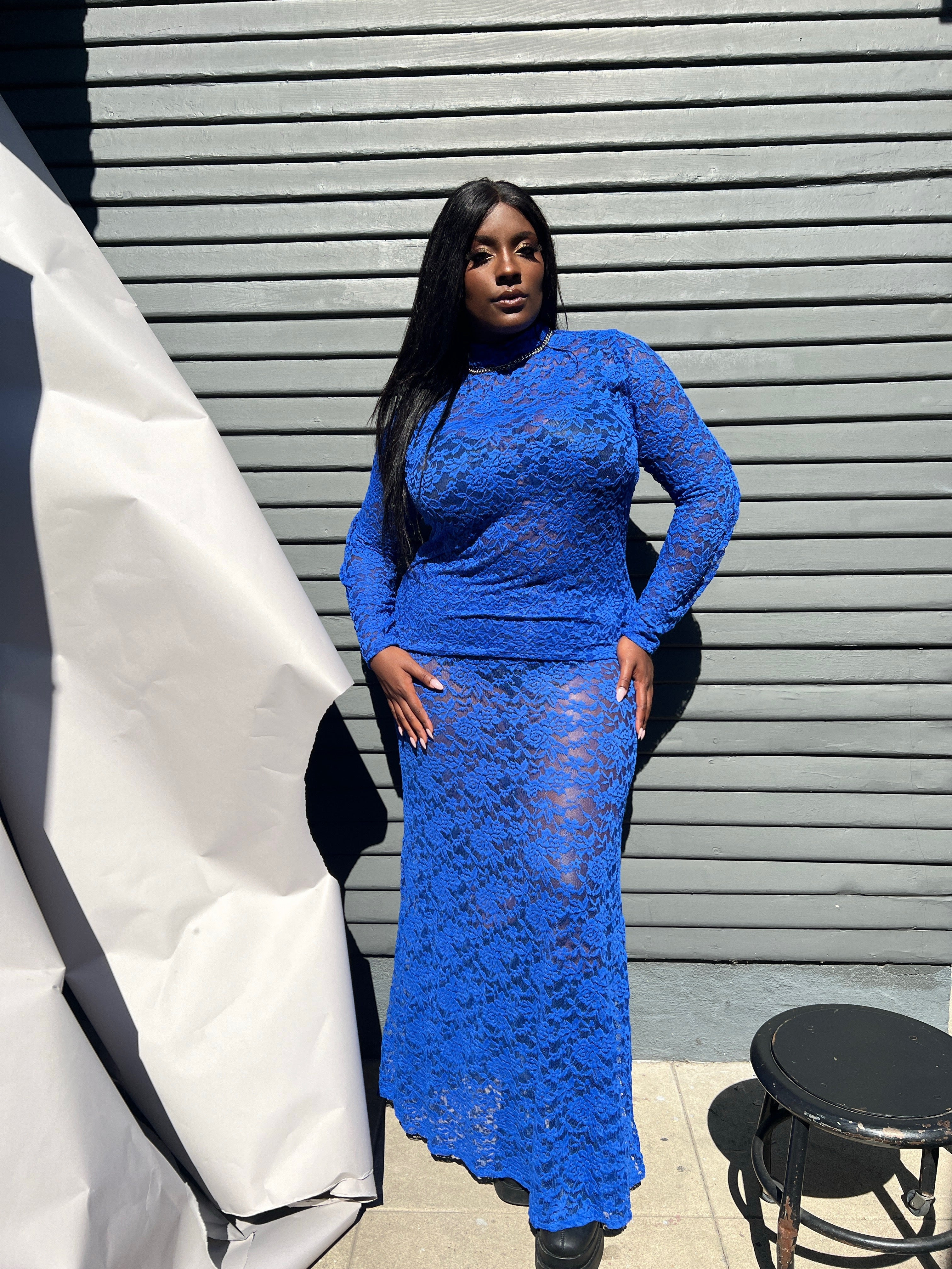 Stretch Lace Turtleneck & Skirt Set- Cobalt | BAACAL Limited, LLC