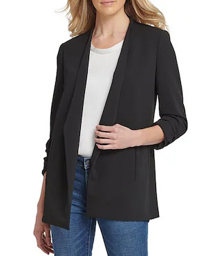 DKNY Scuba Crepe Ruched 3/4 Ruched Sleeve Open Front Jacket | Dillard's | Dillard's