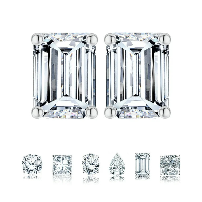 JeenMata Minimalist 2 Carat Emerald Cut Moissanite Solitaire Stud Earrings in 18k White Gold Plat... | Walmart (US)