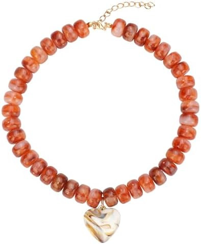 Chunky Colorful Beaded Statement Boho Chokers Necklace Heart Pendant Pink Green Yellow Brown Fash... | Amazon (US)