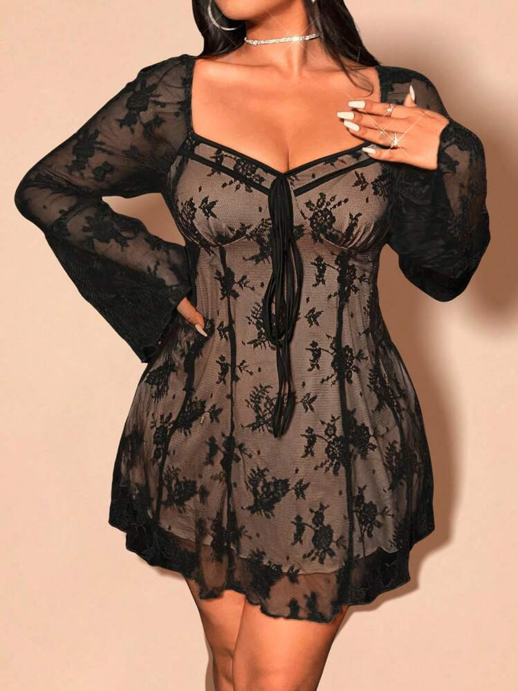 Allurite Plus Size Women's Sweetheart Neck Tie Front Raglan Bell Sleeve Lace Fashion Dress | SHEIN