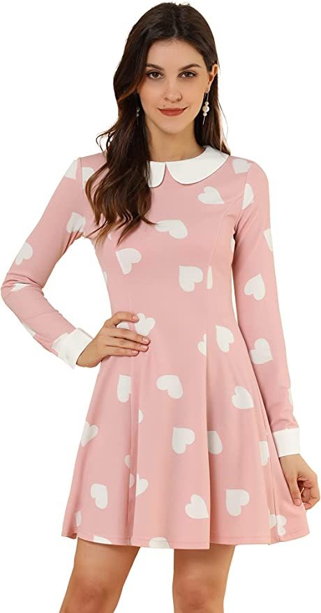 Allegra K Women's Peter Pan Collar Contrast Printed A-Line Short Dress Medium Pink-Heart at Amazo... | Amazon (US)