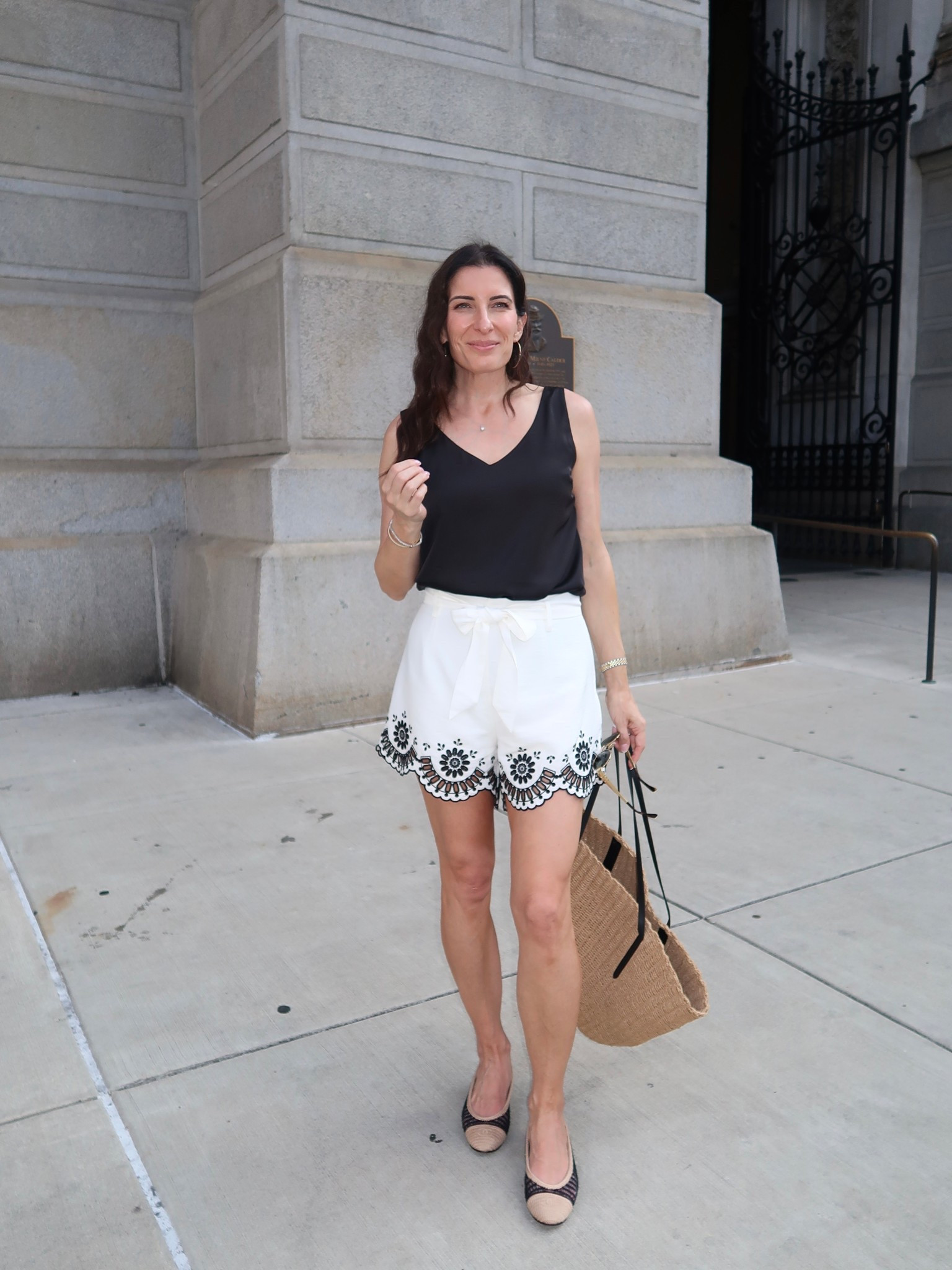 Black and white end of summer outfit with embroidered shorts 

#LTKMidsize #LTKStyleTip #LTKOver40
