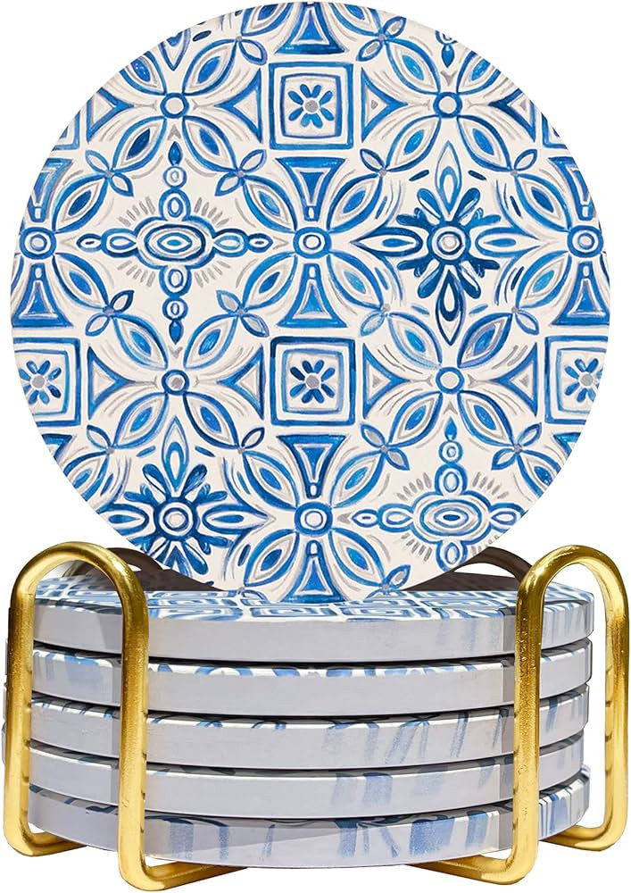 Ceramic Drink Coasters - Includes 6 Handpainted Blue Patterns and Gold Holder - Super Absorbent -... | Amazon (US)