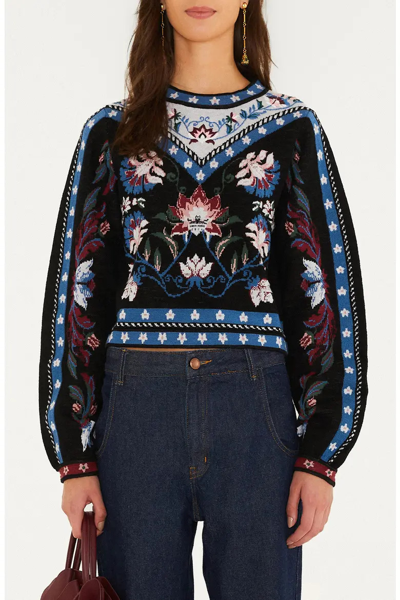 FARM Rio Natalia Wool Blend Crewneck Sweater in Black/burgundy at Nordstrom, Size Small | Nordstrom