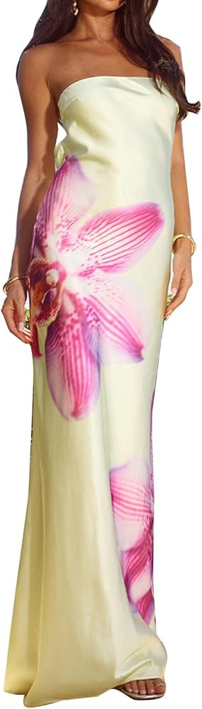 Women Floral Tube Maxi Dress with Scarf Y2k Strapless Backless Mesh Long Bodycon Dresses Formal C... | Amazon (US)
