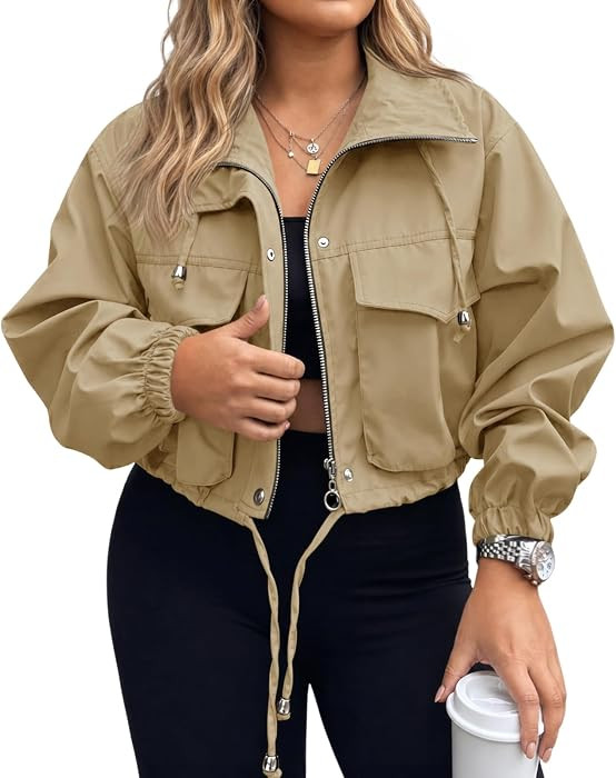 Tankaneo Womens Plus Size Cropped Jackets Zip Up Lightweight Oversized Casual Utility Anorak Coat... | Amazon (US)