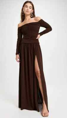 Tanya Taylor Mocha Marla Long Sleeve Ruched Side Slit Maxi Fit & Flare Dress 10  | eBay | eBay US
