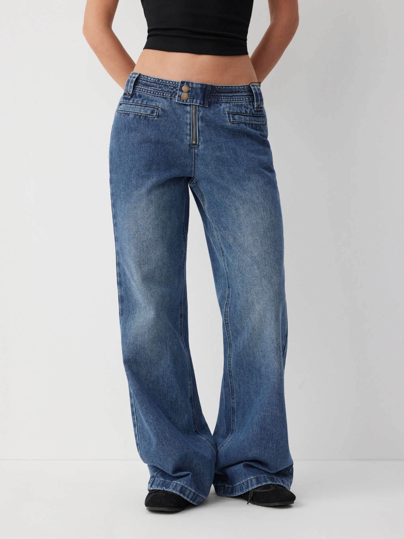 Denim Denim Low Rise Button Detail Wide Leg Jeans For Daily Casual Work | Cider