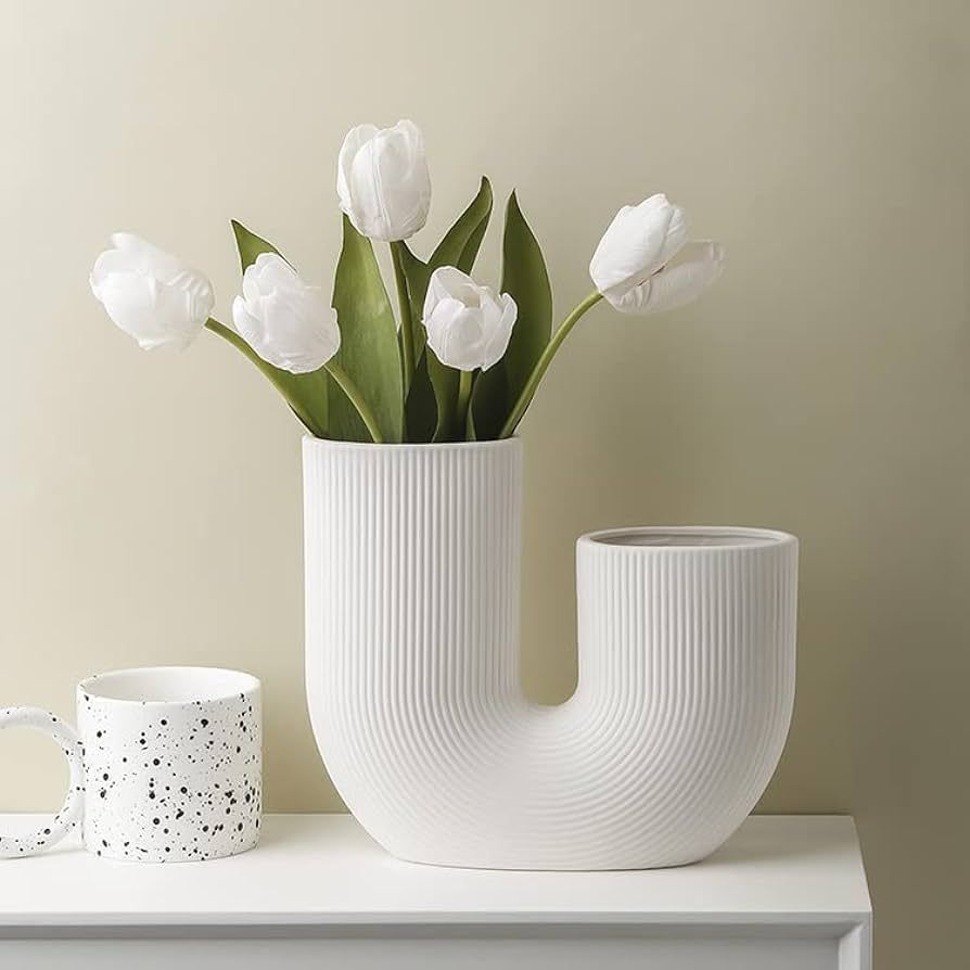 White U shaped Vase for Flowers, Ceramic Minimalist Vase, Nordic Modern Vase for Living Room, Tab... | Amazon (US)