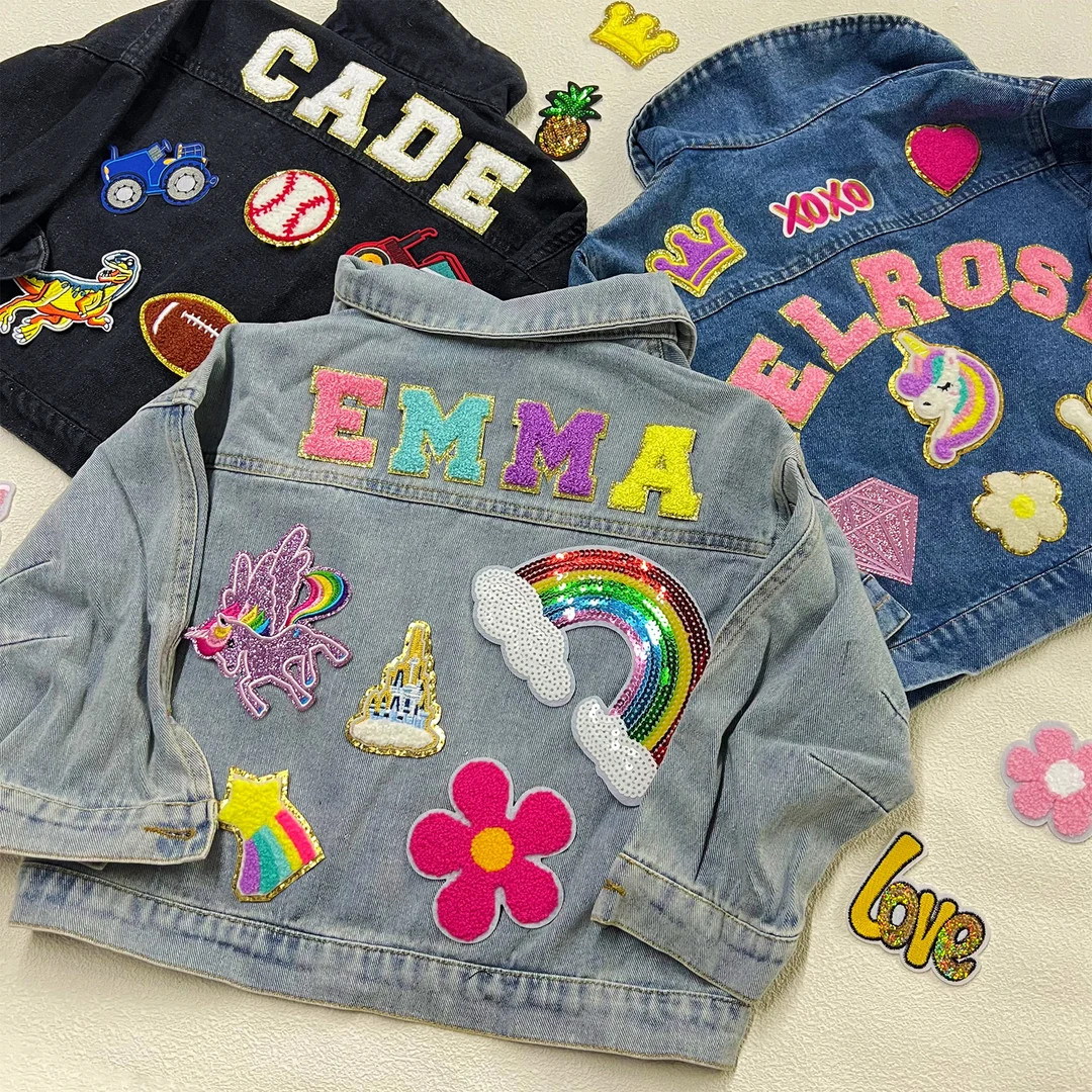 Kids Chenille Letter Patch Jean Jacket, Custom Girls Toddler Chenille Name Patch Denim Jacket, Pe... | Etsy (US)