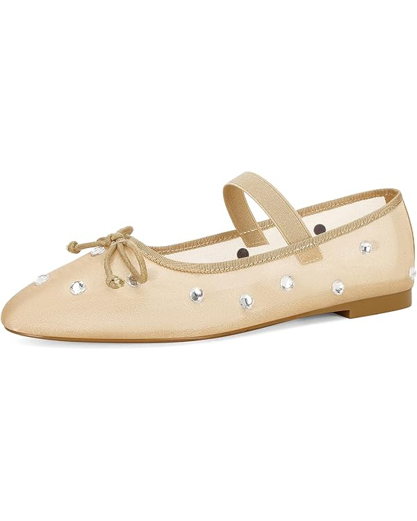 Rhinestone Mary Jane Flats for Women Sparkly Ballet Flats with Buckle Strap Square Toe Embellishe... | Amazon (US)