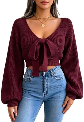 MakeMeChic Women's Deep V Neck Cropped Pullover Sweaters | Amazon (US)