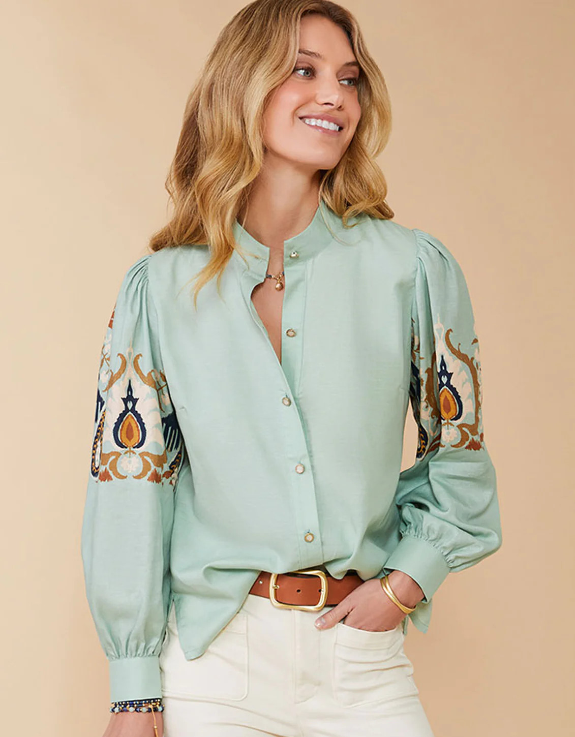 Paulette Blouse Kalalanta Ikat Palm Sea Foam | Spartina 449