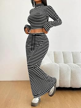 Wuitrie Women's Stripe Ptint Fall/Winter 2 Piece Set High Neck Long Sleeve Crop Top Lace-Up Maxi ... | Amazon (US)