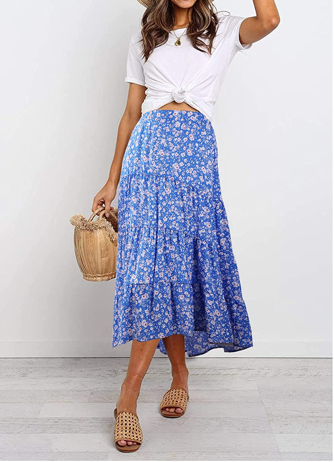 PRETTYGARDEN Women's Ditzy Floral Print Midi Skirt Boho Elastic High Waist Long Skirts for Women ... | Amazon (US)