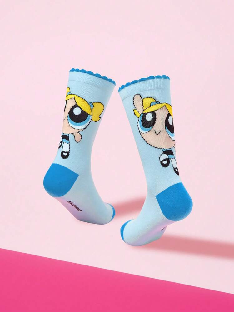 THE POWERPUFF GIRLS X SHEIN 1 Pair Women Blossom Pattern Contrast Color Ankle Socks | SHEIN