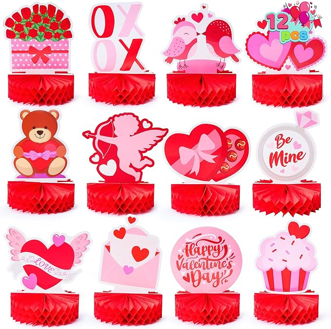 JOYIN 12 Pcs Valentine Honeycomb Centerpieces for Table Decorations, with Red Pink Heart Bear Cen... | Amazon (US)