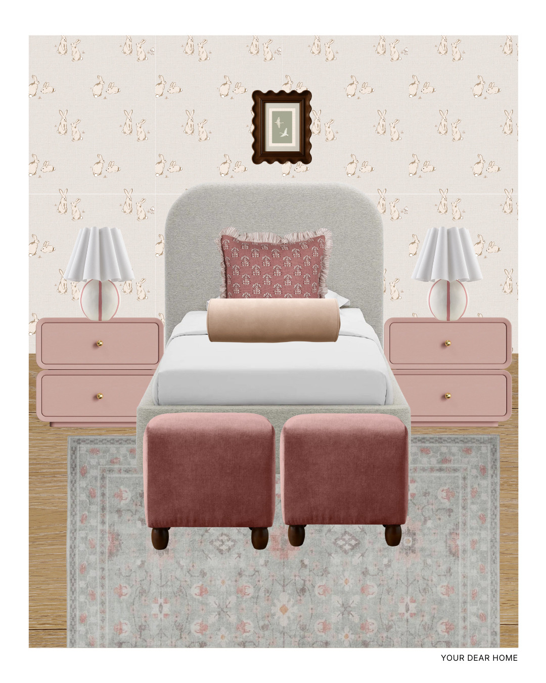 Playful but still elevated 🐰 The wallpaper adds charm without taking over the room, while the blush nightstands and neutral bed keep everything balanced. A great example of how kids bedrooms can feel fun yet design-forward. 

 #LTKHome #LTKBaby #LTKKids