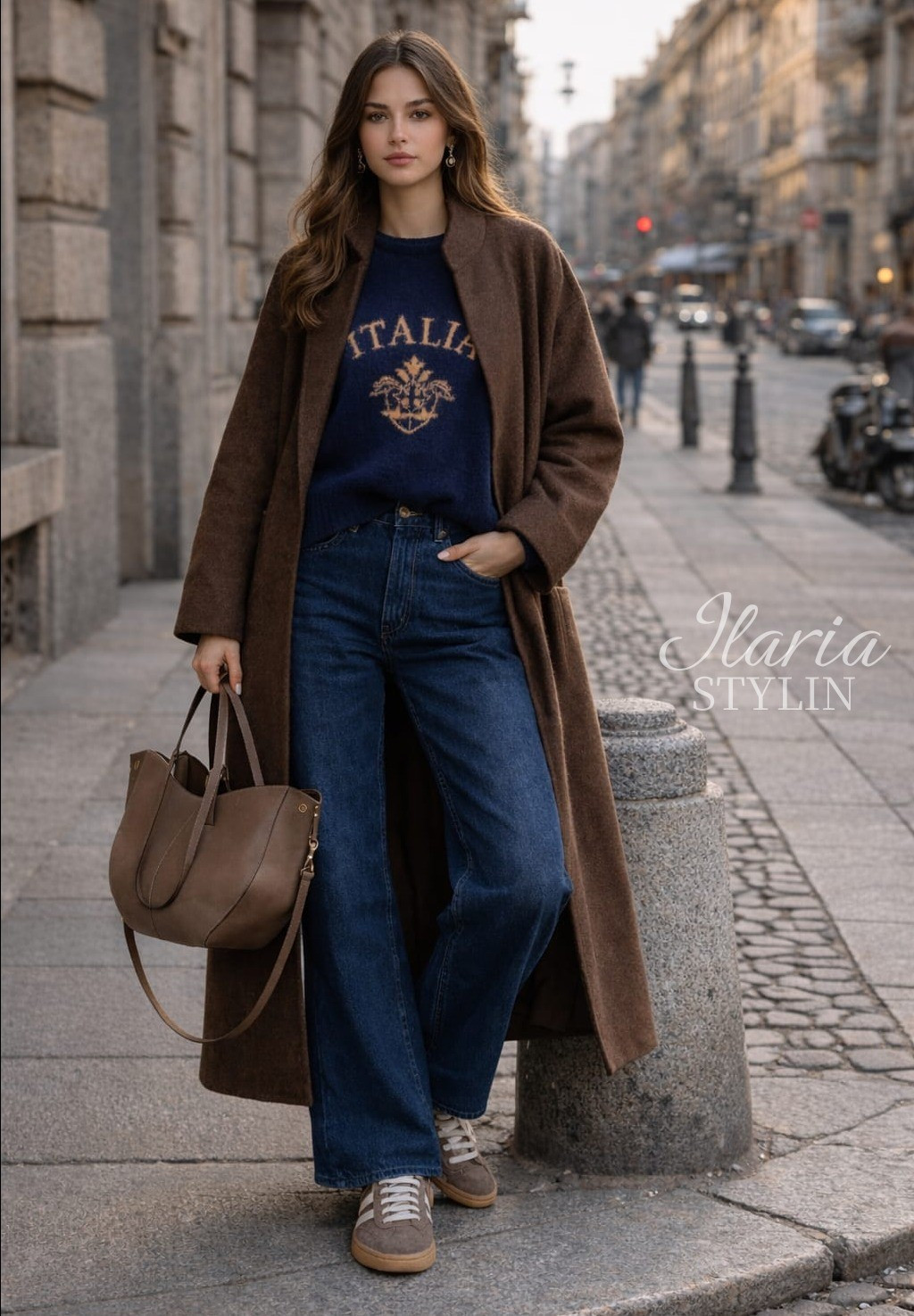 Refined casual – A rich brown belted wool coat layered over a navy knit sweater with an Italian-inspired motif, paired with dark-wash straight-leg denim. Finished with gold hoop earrings, a structured brown tote, and classic sneakers for effortless everyday style 🤎

#LTKootd #LTKSeasonal