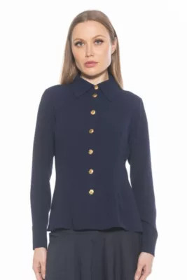 Alexia Admor Women's Leland Collared Button Down Shirt, Navy Blue, 10 | Belk