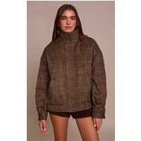 Brown Checked Funnel Neck Bomber Jacket | PrettyLittleThing US