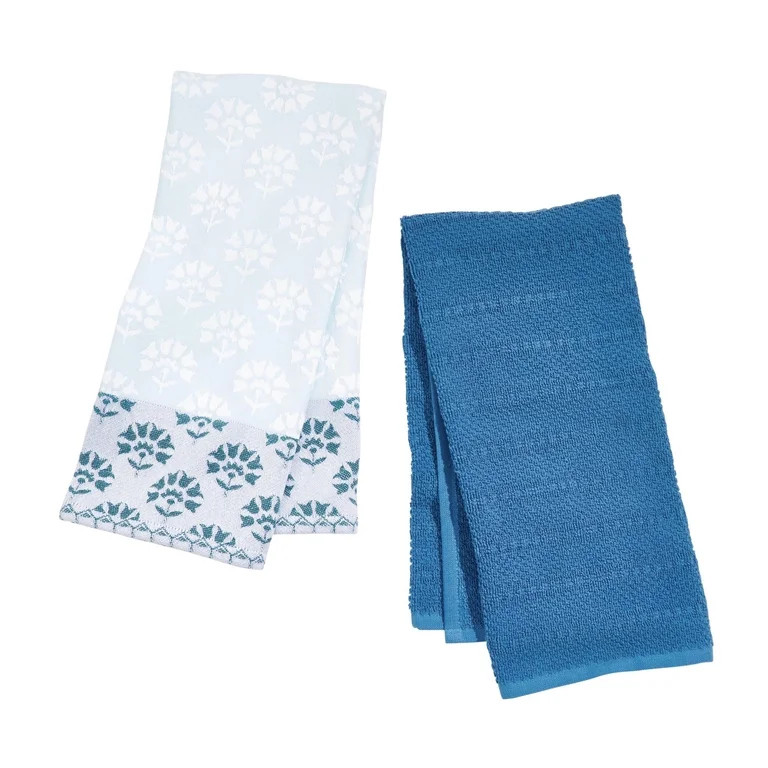 Beautiful Home by Drew Barrymore Floral Block Jacquard Kitchen Towel Set, 2 Piece, Hydrangea, 18"... | Walmart (US)