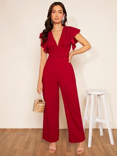SHEIN BAE Plunging Neck Butterfly Sleeve Jumpsuit | SHEIN
