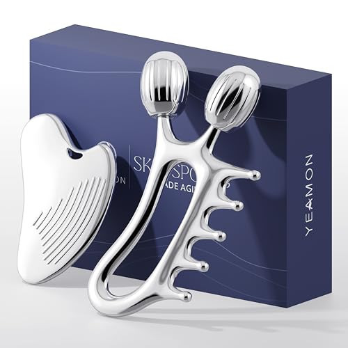 Yeamon Gua Sha Facial Tools, 3-in-1 Gua Sha & Roller & Comb Set, Upgraded No-Slip Textured Guasha, Metal Lymphatic Drainage Massager for Skin Tightening & Face Sculpting, Skincare Gift for Women | Amazon (US)