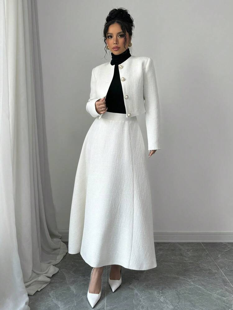 Elenzga Elegant Women 2pcs Set: Solid Color Woven Round Neck Long Sleeve Jacket & High Waist A-Li... | SHEIN