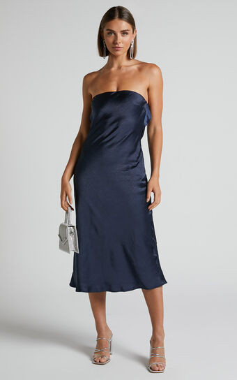 Charlita Midi Dress - Strapless Cowl Back Dress in Navy | Showpo (US, UK & Europe)