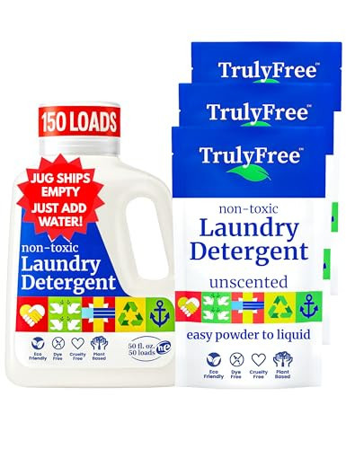 Truly Free Natural Laundry Detergent for Sensitive Skin | Eco Friendly, Plant Based, Baby Clothes Safe | Clean & Easy Powder to Liquid, 3 Pack Detergent + 1 Refillable Jug | Unscented, 150 Loads | Amazon (US)