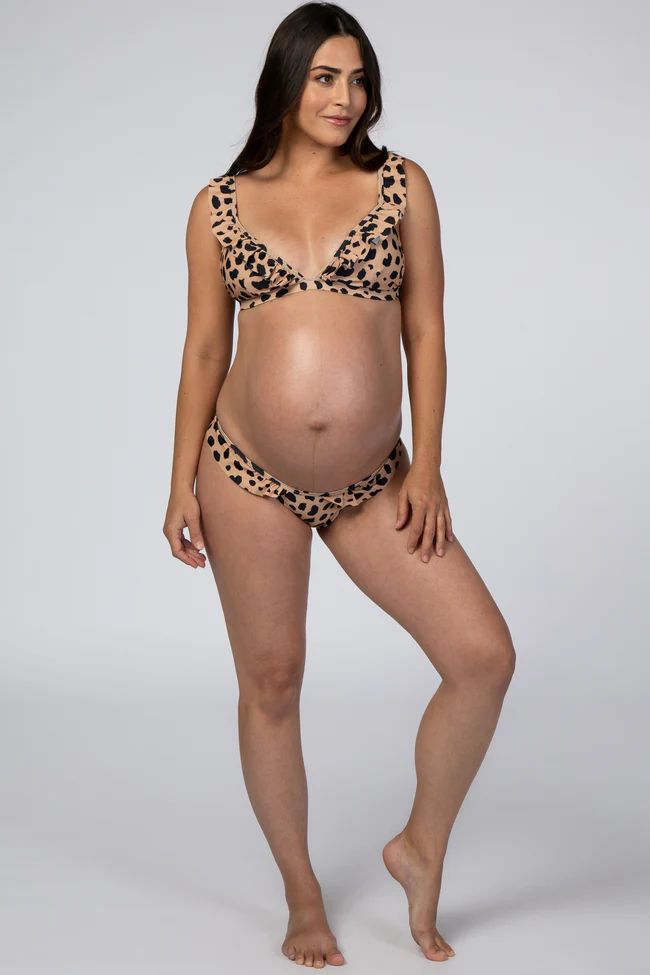 Taupe Animal Print Ruffle Maternity Bikini Set | PinkBlush Maternity