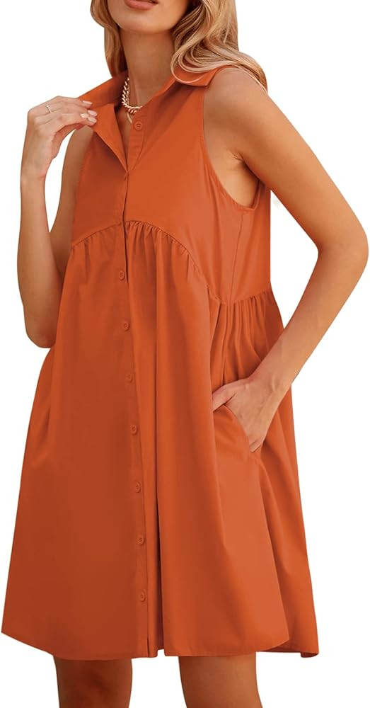 DEEP SELF Women Summer Collared Shirt Dress Casual Loose Button Down Short Dress V Neck Tunic Min... | Amazon (US)