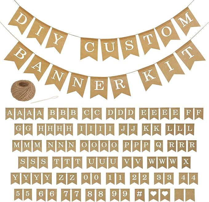 Custom Banner Kit, 97 Burlap Flags, White Printed Letters Numbers, 120ft Twine String & Needle, D... | Amazon (US)