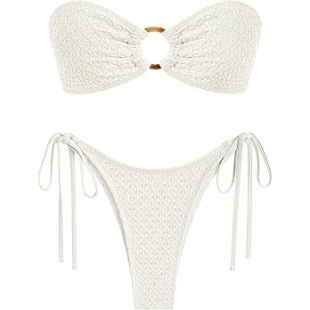 ZAFUL Women's Bandeau Bikini Strapless O Ring Lace Tie Back High Cut Two Piece Swimsuit Bathing S... | Amazon (US)