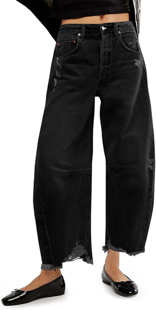 Cicy Bell Womens Baggy Barrel Jeans Cropped Boyfriend Wide Leg Raw Hem Denim Pants | Amazon (US)