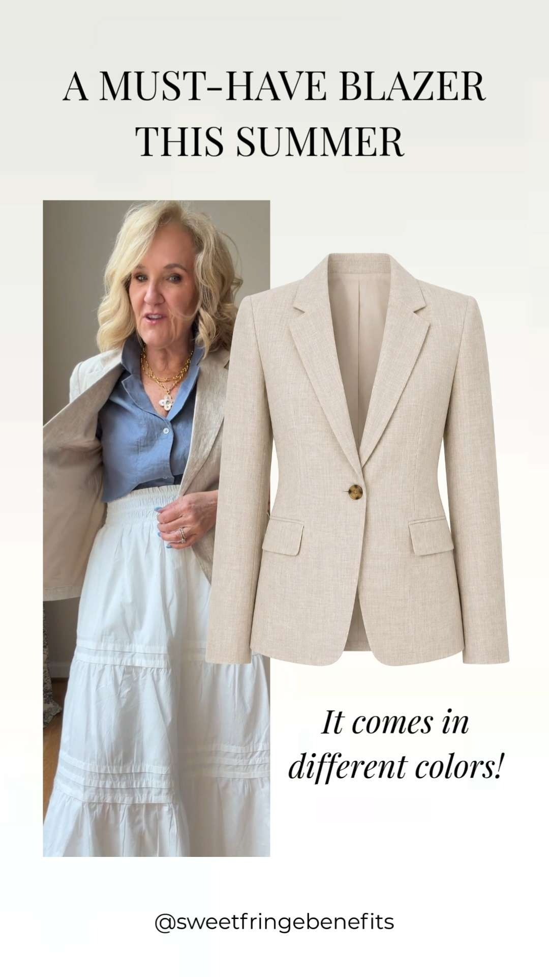 A blazer like this is such a summer wardrobe staple 🫶🏻

Lightweight, polished, and easy to style with everything from dresses to denim to white maxi skirts. I love that it instantly elevates an outfit while still feeling effortless and comfortable. Plus… it comes in multiple colors and is currently on sale.  

 #LTKootd #LTKOver40 #LTKSaleAlert