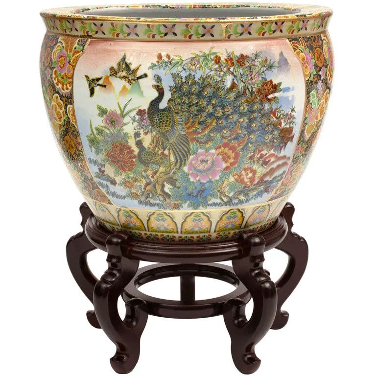 Oriental Furniture 18" Satsuma Garden & Peacock Porcelain Fishbowl | Walmart (US)