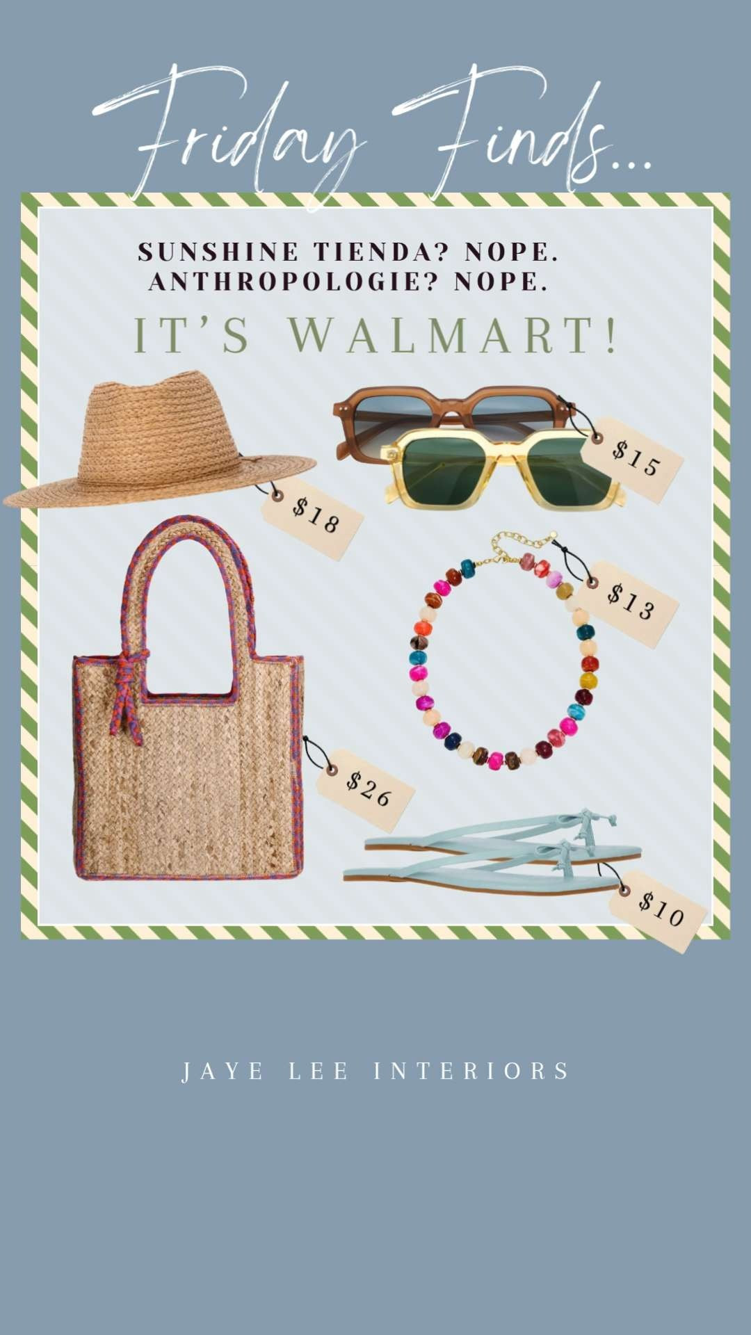 Summer style that says Anthro or Sunshine Tienda, but on a Walmart budget! Loving these Walmart summer accessories!
Beach bag, beach tote, woven bag, straw bag, #walmartfashion #sunshinetiendadupe #anthropologiedupe #sunglasses, sun hat, straw hat, beach vacation looks, beach vacation accessories, summer outfits, beaded necklace, statement necklace, bow flip flops #jleeinteriors 

 #LTKgrwm #LTKSeasonal #LTKOver40
